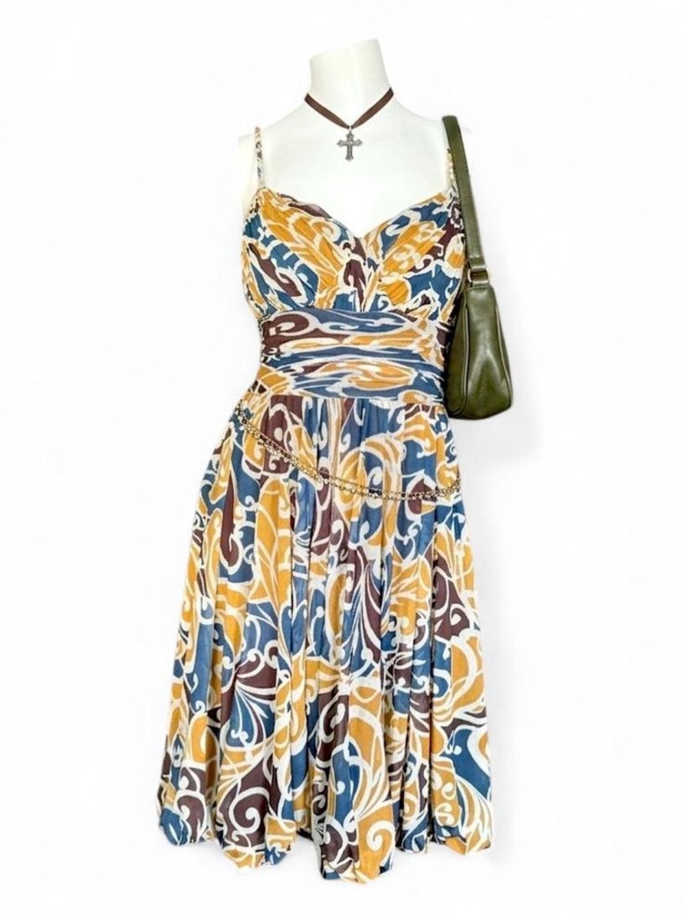 Y2K Boho Printed Midi Dress Ruched Bust Flowy Sundress Size S